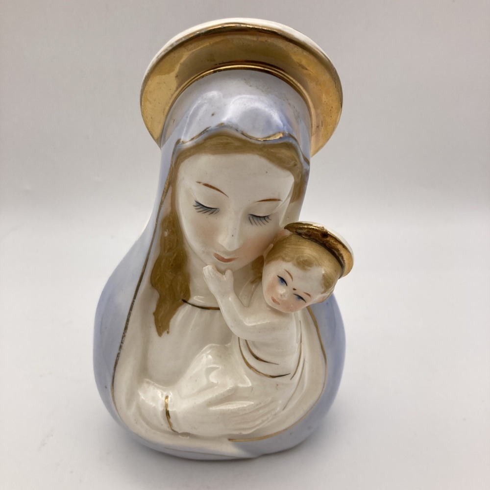 Vintage Mary Planter Virgin Mother Jesus Child Blue White Gold Planter